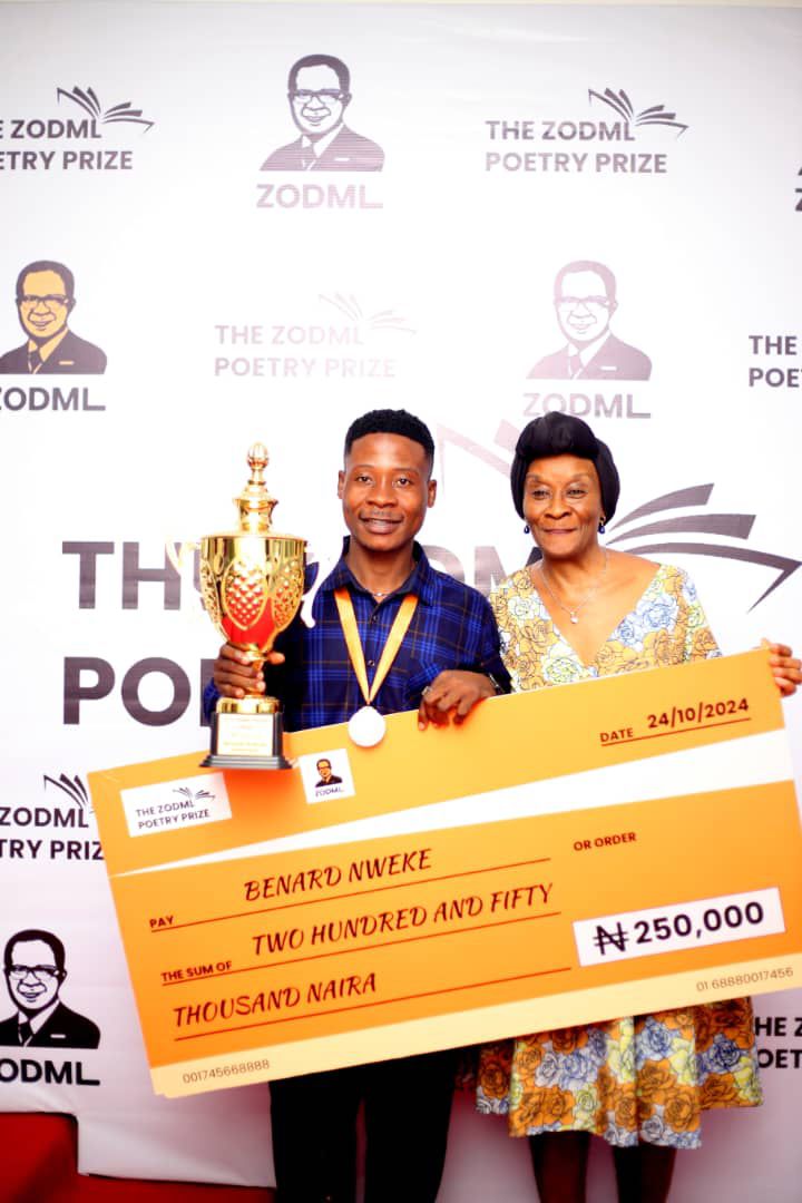 Bernard Nweke winner of the 2024 poetry prize with the chair/co-founder of zodml Ifeoma Esiri